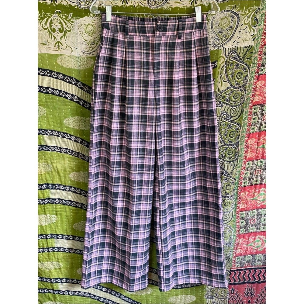 Halara Pink/ Black Plaid High-Waisted Wide-Leg Casual Pants Size Small Academia